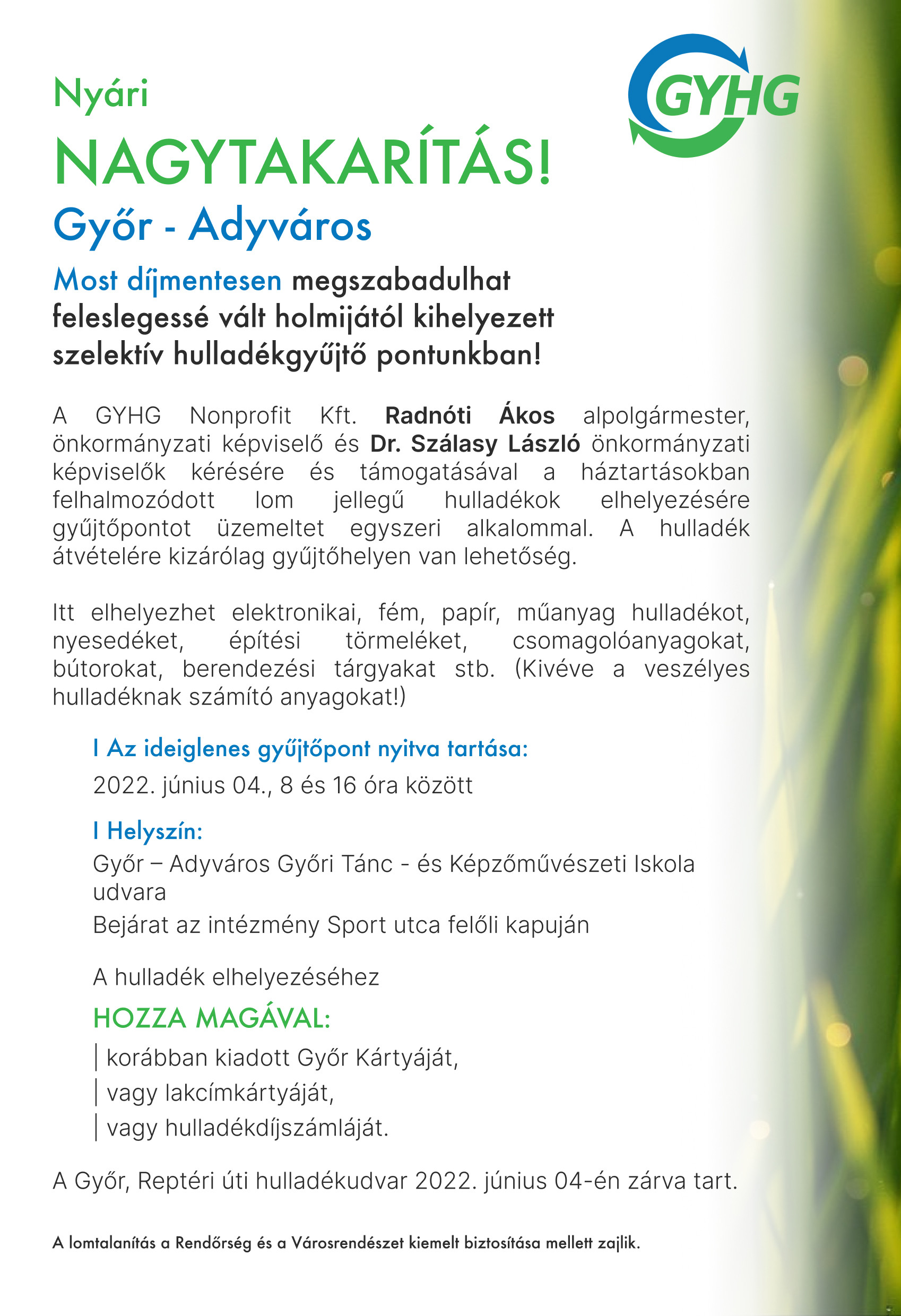 Információ a Győr / Adyváros-i nyári nagytakarításról