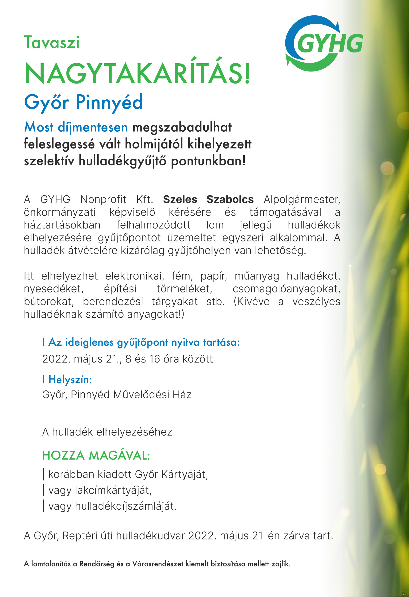 Információ a Győr-Pinnyédi tavaszi nagytakarításról